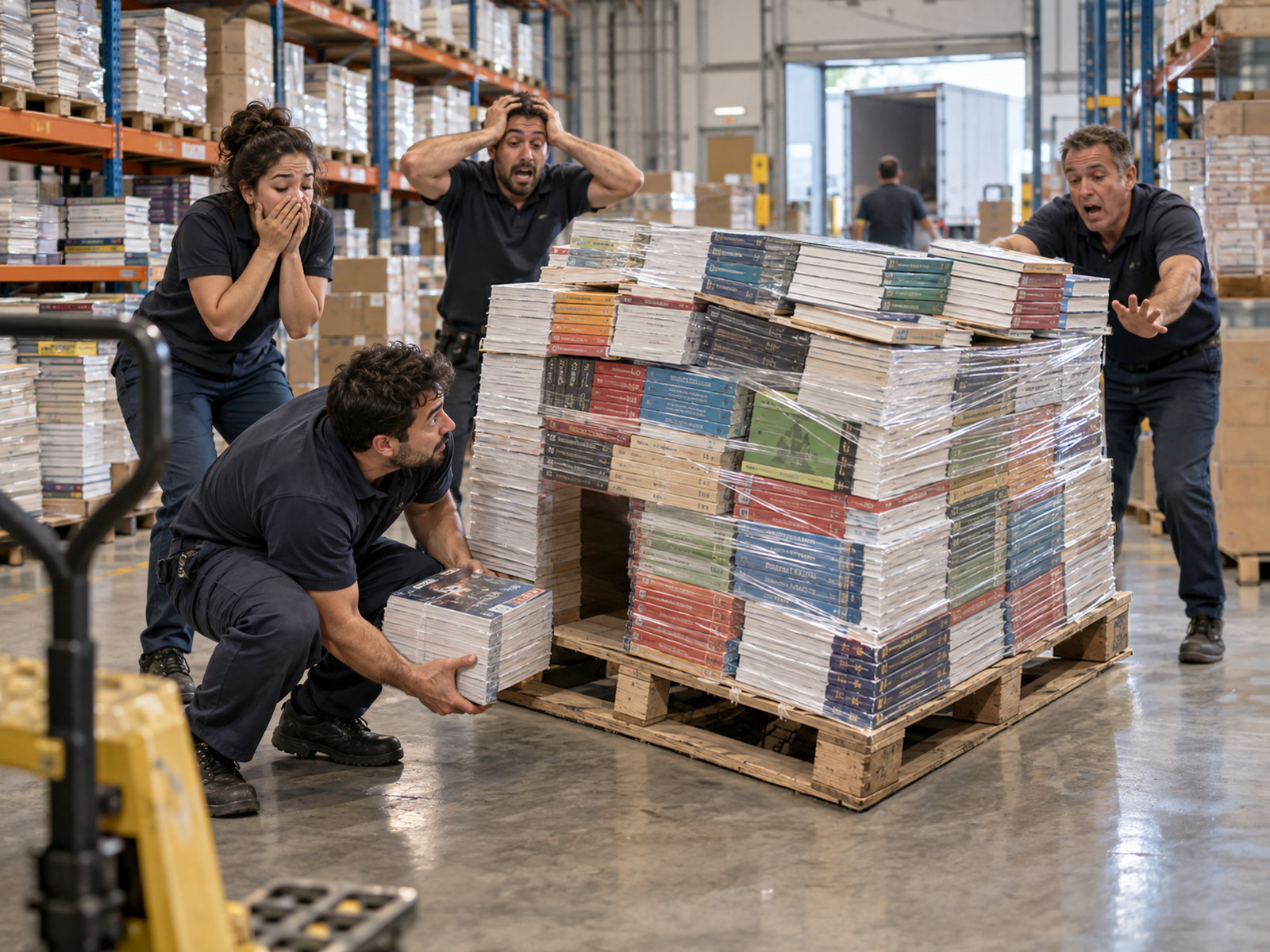 O pallet estava perfeito. Aí alguém pediu justamente o livro de baixo O pallet estava perfeito. Aí alguém pediu justamente o livro de baixo
